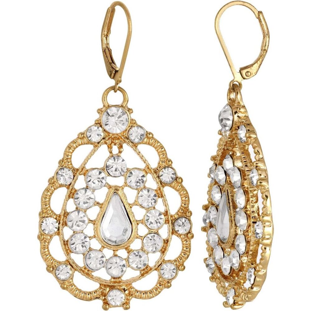 2028 Jewelry Clear Crystal Gold Plated Filigree Teardrop Dangle Earrings NWT
